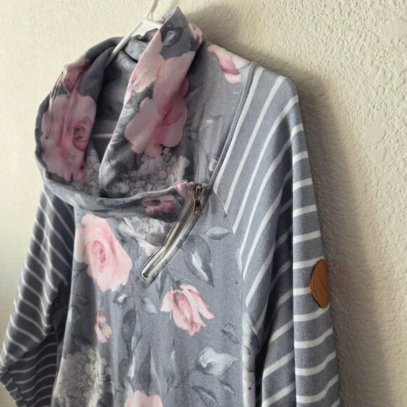 Michelle Mae Womens XL Floral Striped Lightweight Pullover Sweatshirt Cowl Neck - Picture 2 of 9